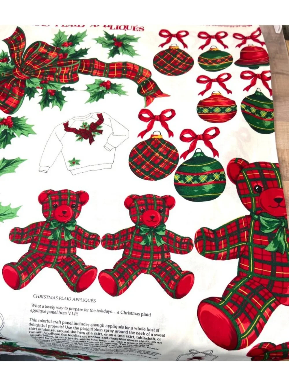 VTG Christmas Crafts Applique Fabric Panel VIP Cranston teddy bear ornaments